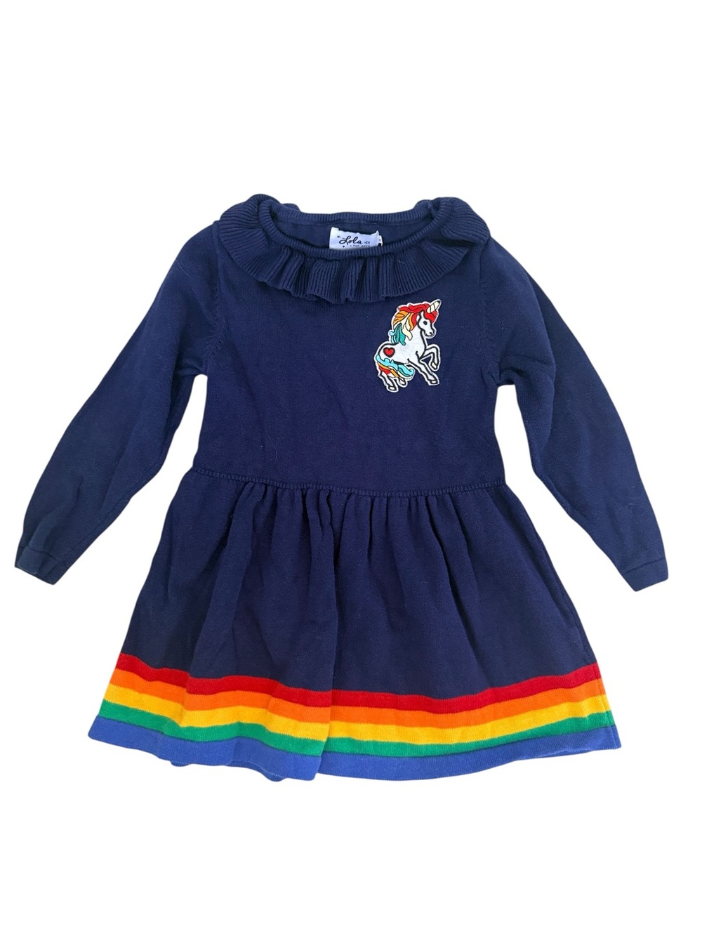 Lola + The Boys Navy Dress with Rainbow Trim and Unicorn Patch